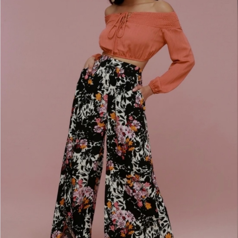 Free People Black and White Floral Wide-Leg Pants